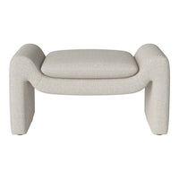 Beige textured ottoman with a minimalist design and curved edges, perfect for modern interiors.