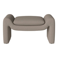 Beige textured ottoman with rounded edges and minimalist design, perfect for modern decor.