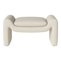Cream-colored textured ottoman with smooth, rounded edges and a minimalist design. Ideal for modern decor accents.