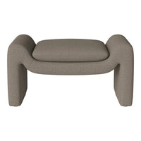 Beige ottoman with a textured, subtle pattern, featuring soft, rounded edges for a modern look.