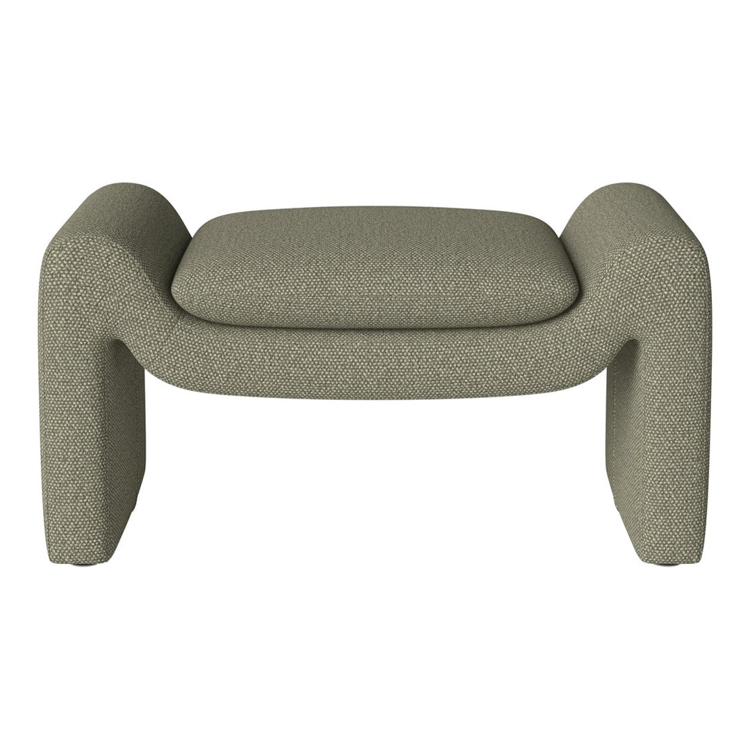Sleek, curved ottoman in textured olive green fabric with a subtle patterned weave.