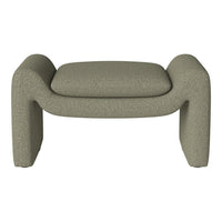 Sleek, curved ottoman in textured olive green fabric with a subtle patterned weave.