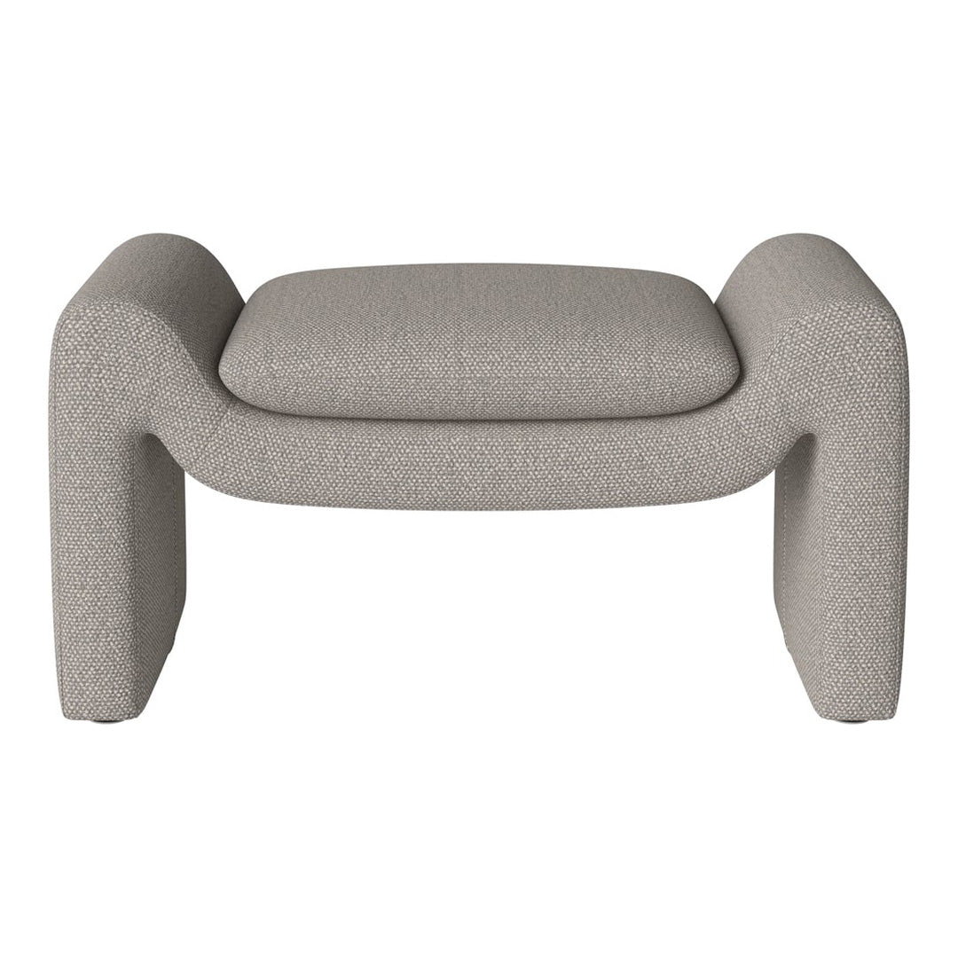Light gray upholstered ottoman with a textured, woven pattern and rounded, contemporary design.