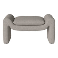 Light gray upholstered ottoman with a textured, woven pattern and rounded, contemporary design.
