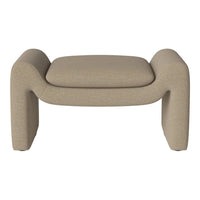 Beige upholstered ottoman with a smooth texture and minimalist, modern design. Perfect for stylish home decor.