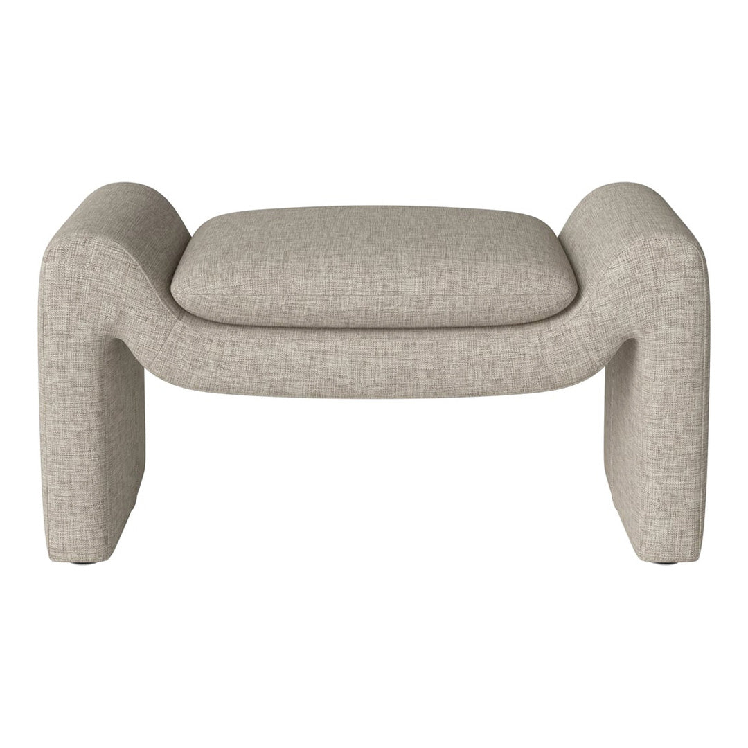 Neutral-toned upholstered ottoman with a textured, woven pattern, featuring a modern curved design.