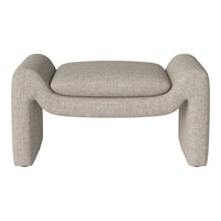Neutral-toned upholstered ottoman with a textured, woven pattern, featuring a modern curved design.