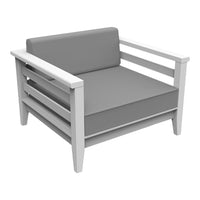 Gray cushioned armchair with a clean white wooden frame and a minimalist design. Perfect for modern decor.
