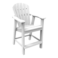 White wooden adirondack chair with slatted design and wide armrests, perfect for outdoor relaxation.