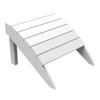 White wooden outdoor footrest with slatted design and angled legs, ideal for patio furniture.