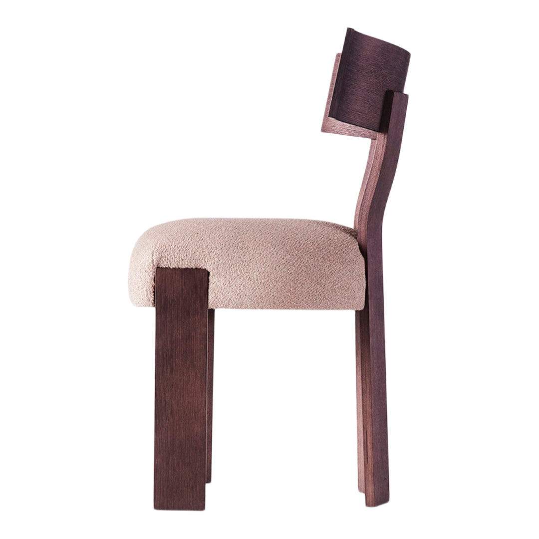 Beige upholstered seat with rich walnut wooden legs. Modern, minimalistic design and soft texture.