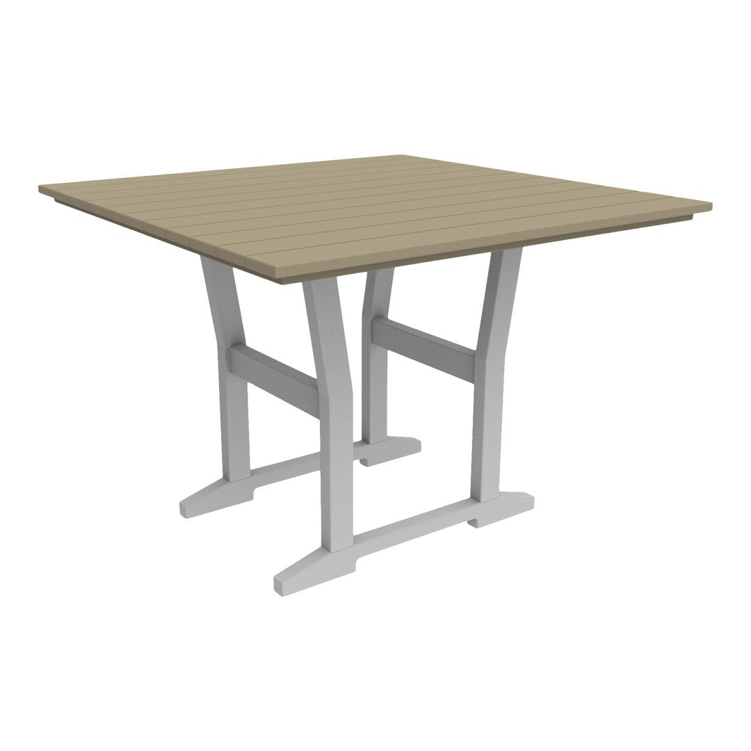 Square outdoor table in beige with a slatted top and white frame, perfect for modern patio aesthetics.