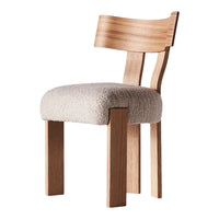 Light brown wooden chair with a soft, textured beige seat, showcasing a minimalist design and natural materials.