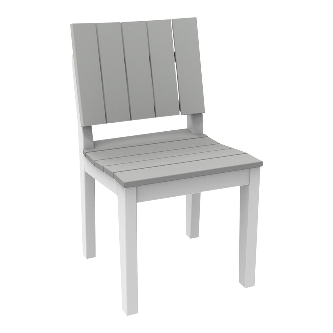 Gray slatted chair with a minimalist design, featuring a sleek, modern aesthetic for versatile decor.