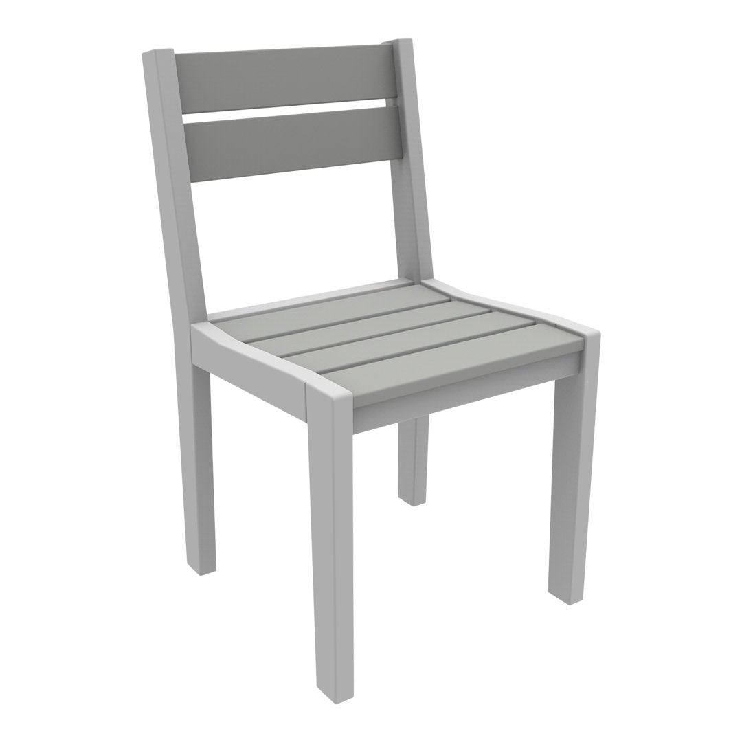Gray wooden chair with a slatted seat and backrest, featuring a minimalist design and smooth finish.