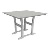 Light gray square outdoor table with slatted top and sturdy legs, perfect for patio or garden use.
