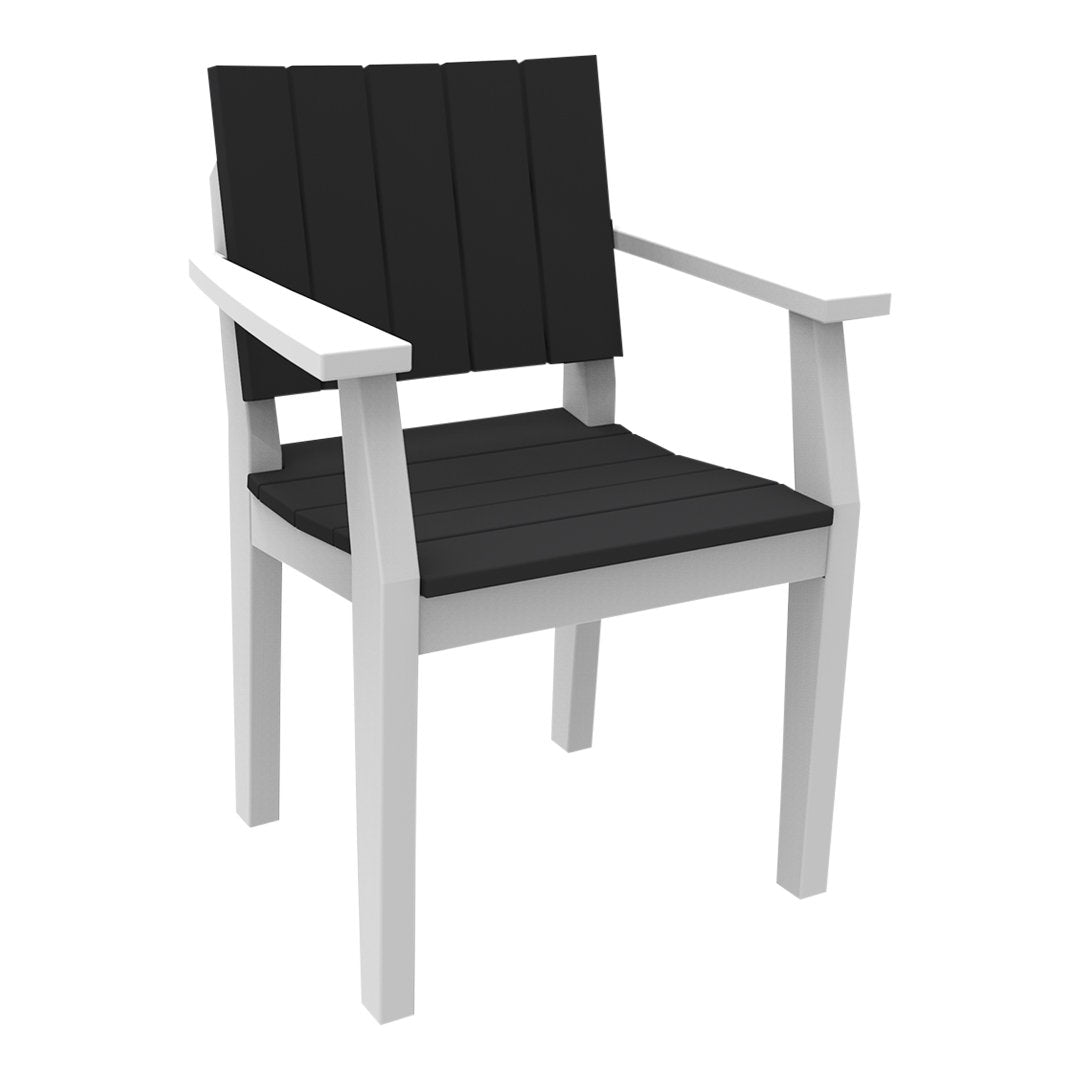 Black slatted seat with white armrests and frame in a modern design, perfect for outdoor or indoor use.