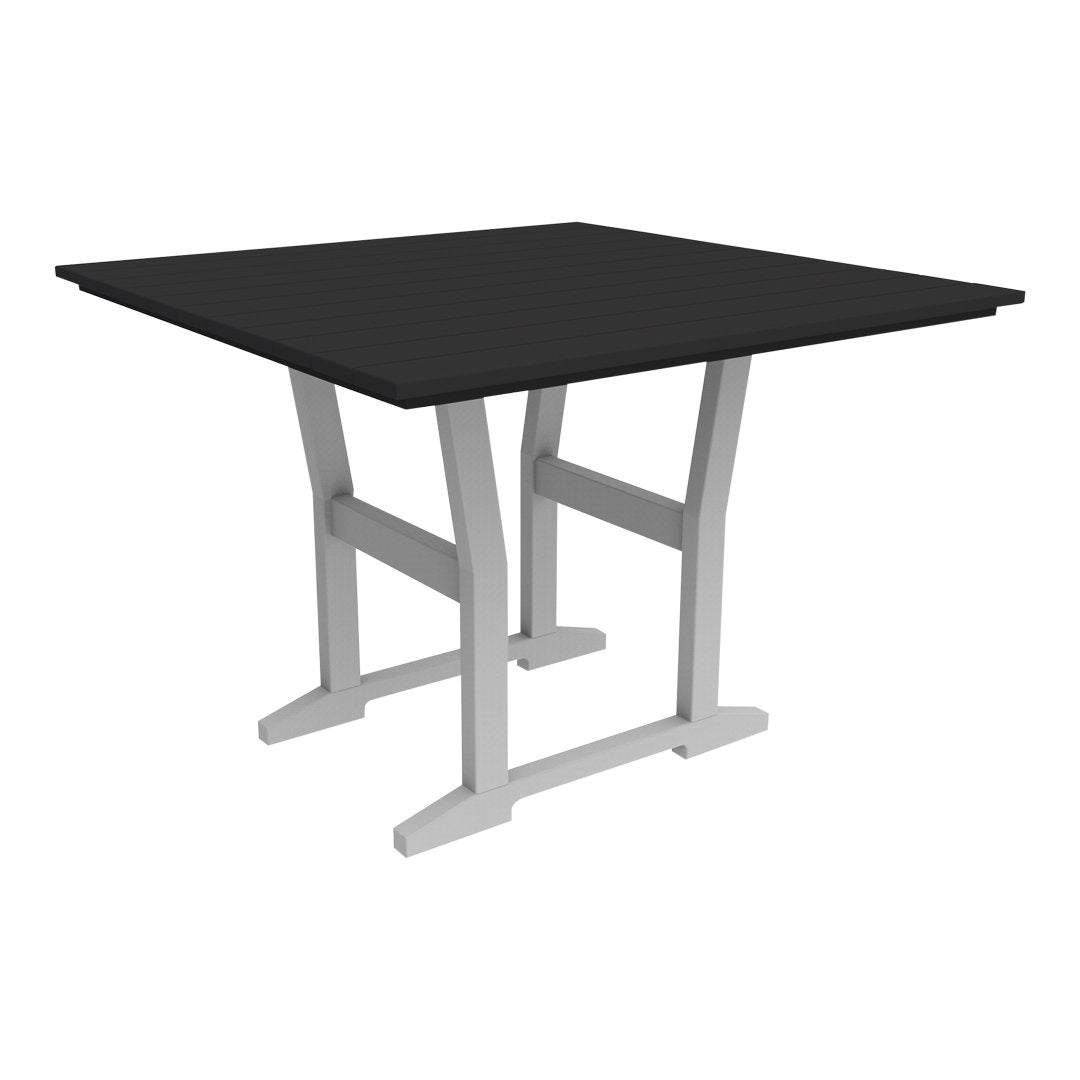 Square table with a sleek black top and minimalistic gray legs, perfect for modern dining spaces.