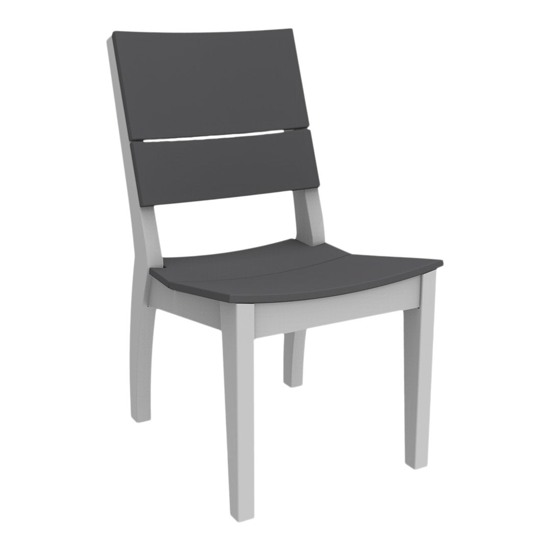 Gray wooden chair with a sleek, modern design featuring a two-tone gray color scheme and a minimalist pattern.