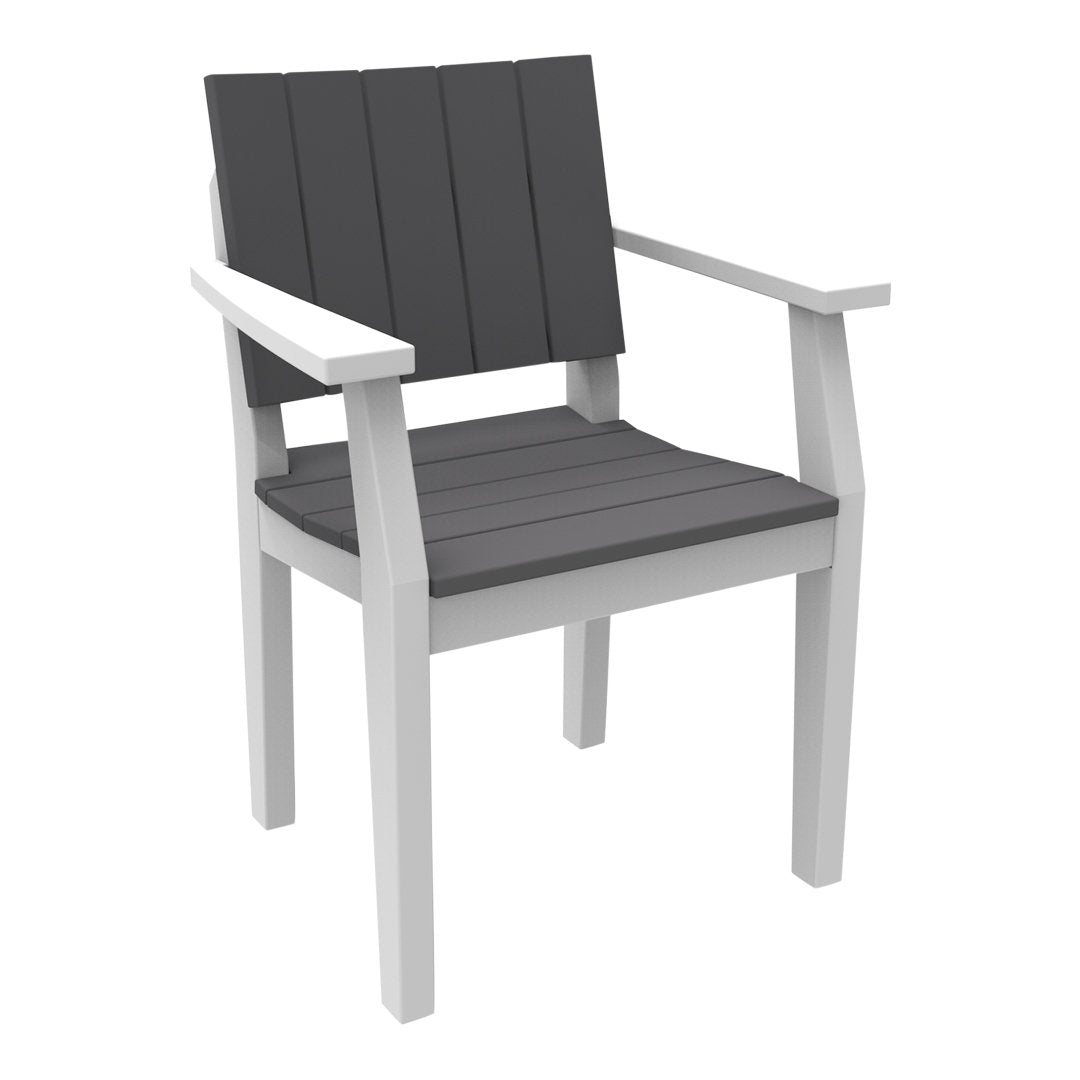"Gray slatted seat and backrest with a white frame, sleek modern design for outdoor or indoor use."