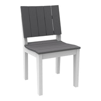 Gray slatted back and seat on a white frame chair, perfect for modern outdoor decor.
