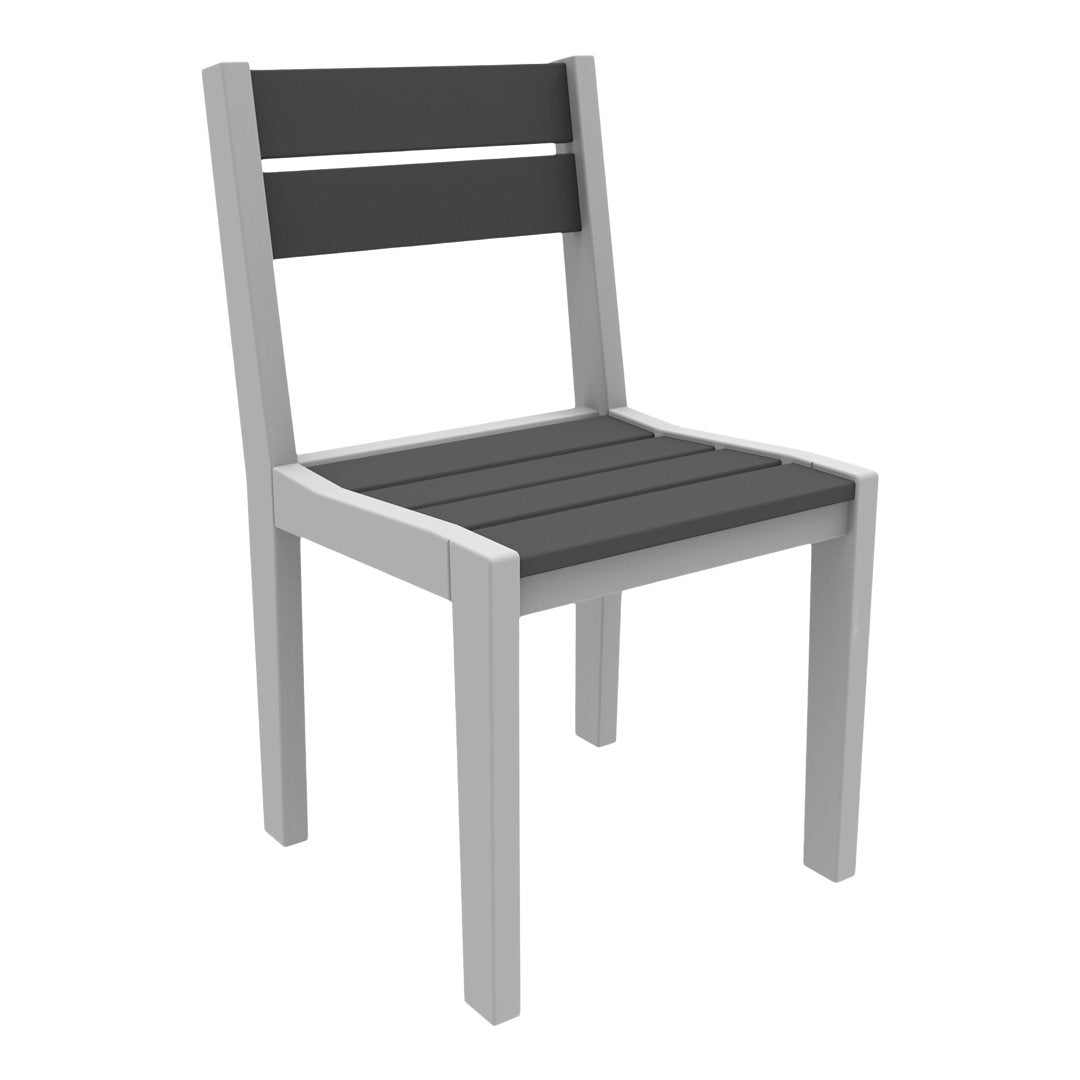 Gray and black wooden chair with slatted seat and backrest, featuring a minimalist design. Ideal for modern decor.