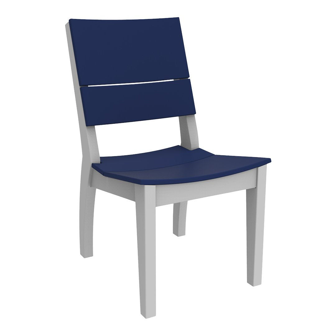 Navy blue chair with sleek design; features a solid wood frame in light gray and a smooth surface pattern.