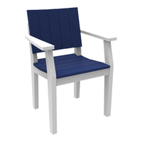 Navy blue slatted seat and backrest with crisp white armrests and frame, perfect for outdoor styling.