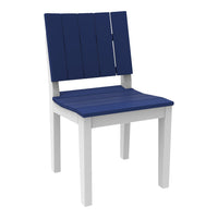 Navy blue slatted seat and backrest with a contrasting white frame, perfect for outdoor decor.