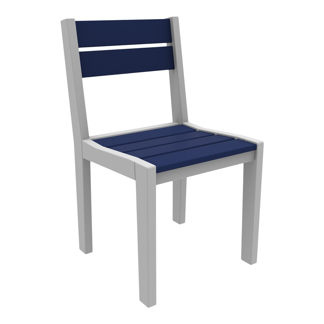Navy blue slatted seat and backrest with a sleek white frame, perfect for modern outdoor decor.