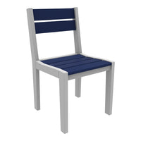 Navy blue slatted seat and backrest with a sleek white frame, perfect for modern outdoor decor.