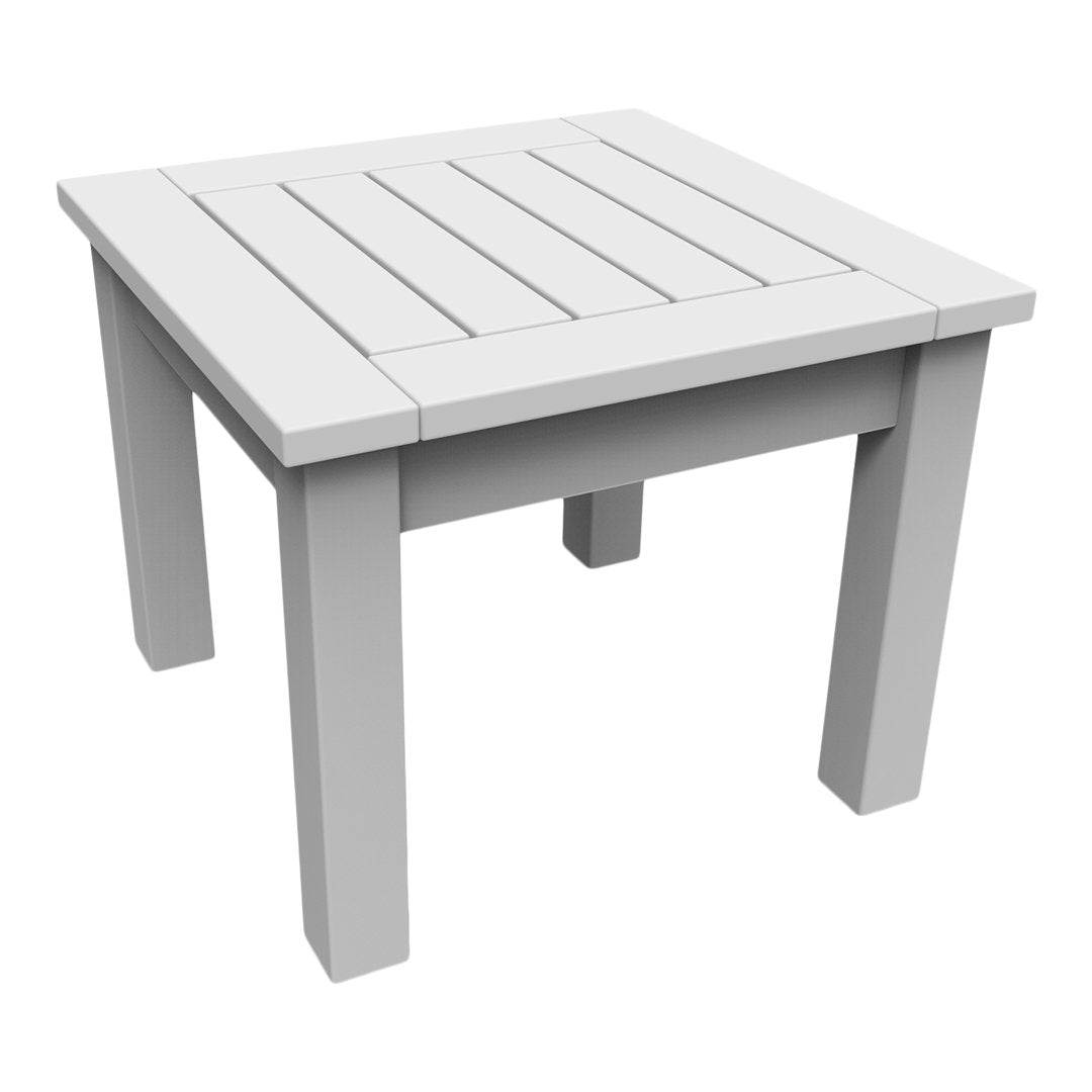 White slatted square outdoor table with a clean design and smooth finish. Perfect for modern spaces.