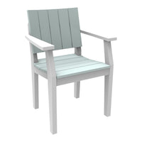 Light blue slatted seat and backrest with white wooden arms and legs, perfect for a modern outdoor aesthetic.