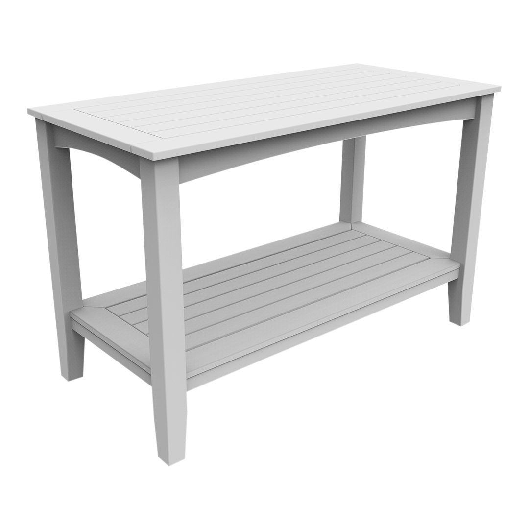 Light gray outdoor table with a slatted top and lower shelf, perfect for patio or garden use.