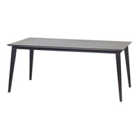 Dark brown wooden dining table with a smooth, minimalist design and tapered legs, showcasing a sleek, modern aesthetic.