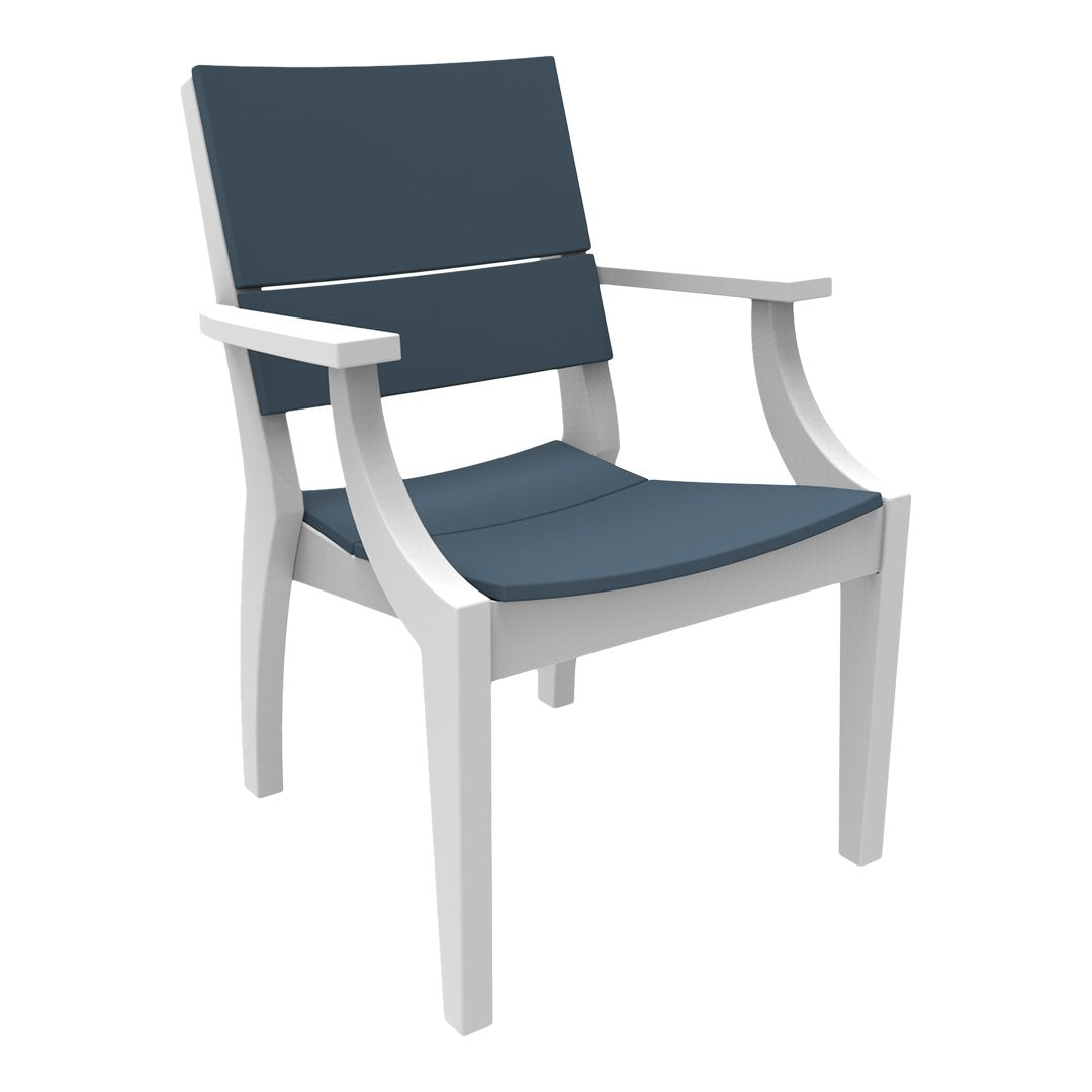 Modern chair with a navy blue seat and backrest, complemented by a sleek white frame. Perfect for contemporary decor.