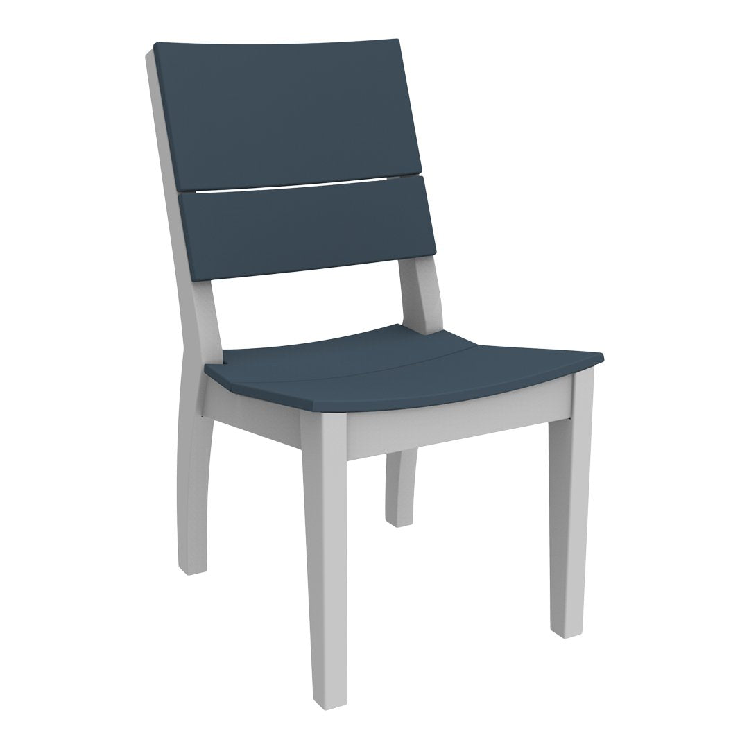 Sleek gray wooden chair with dark navy blue seat and backrest, featuring a minimalist design and clean lines.