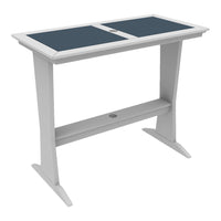 Stylish gray and navy outdoor table featuring a sleek, modern design with a dual-panel top. Perfect for patio use.
