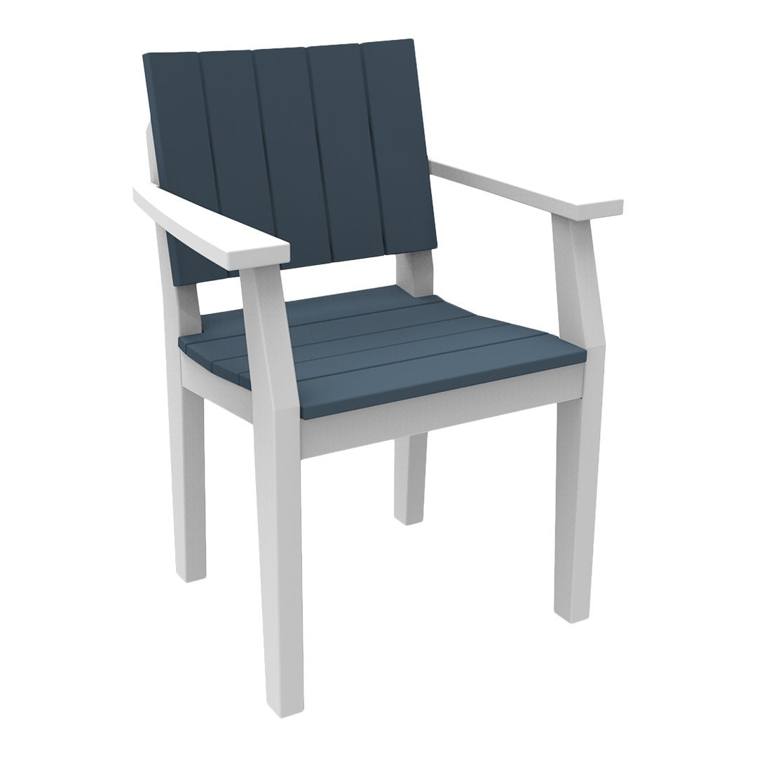 Navy blue slatted seat and backrest with white arms and legs, perfect for outdoor seating.