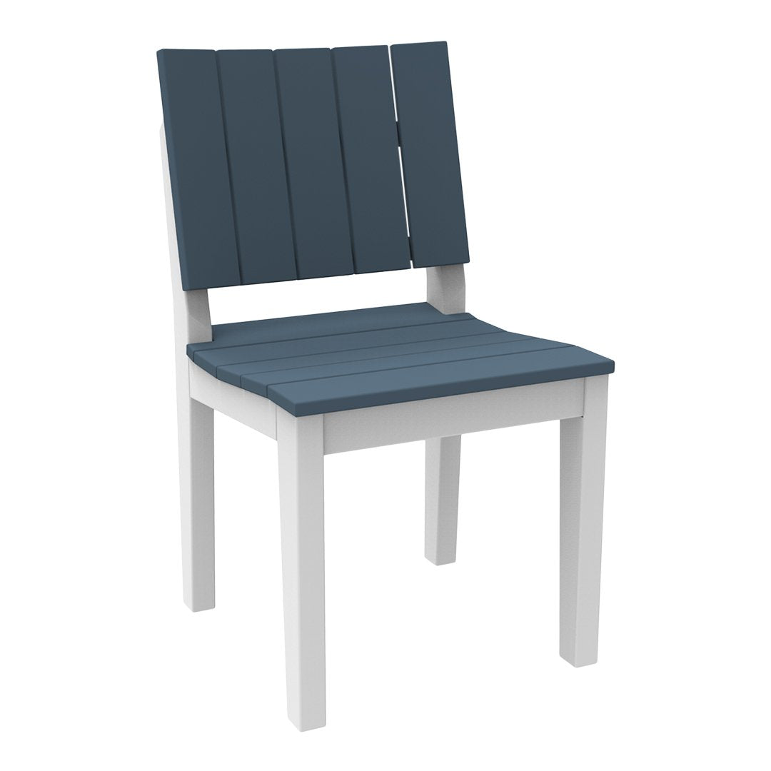 Navy blue slatted chair with a white frame, featuring a modern, minimalist design. Perfect for patio or indoor use.