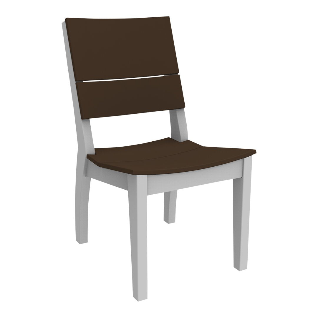 "Simple modern chair with a dark brown seat and backrest, featuring sleek gray legs for a minimalist look."