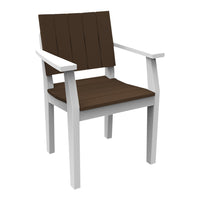 Brown slatted seat and backrest with white armrests and frame, perfect for outdoor settings.