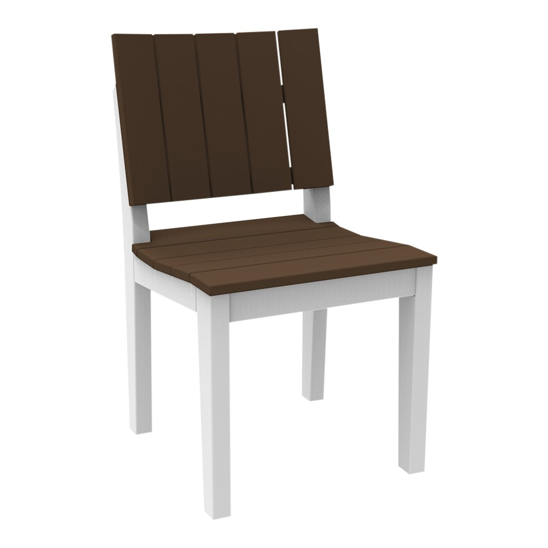 Brown slatted seat and backrest with a contrasting white frame, ideal for modern outdoor decor.