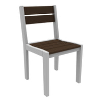 White outdoor chair with a brown slatted seat and backrest, featuring a simple, modern design.