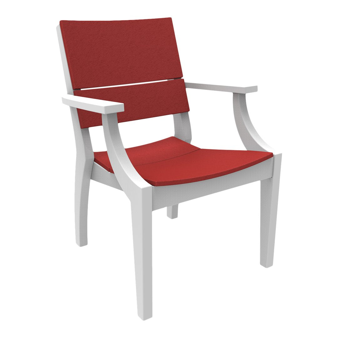 Red fabric cushions with a sleek white wooden frame, offering a modern and stylish outdoor chair design.