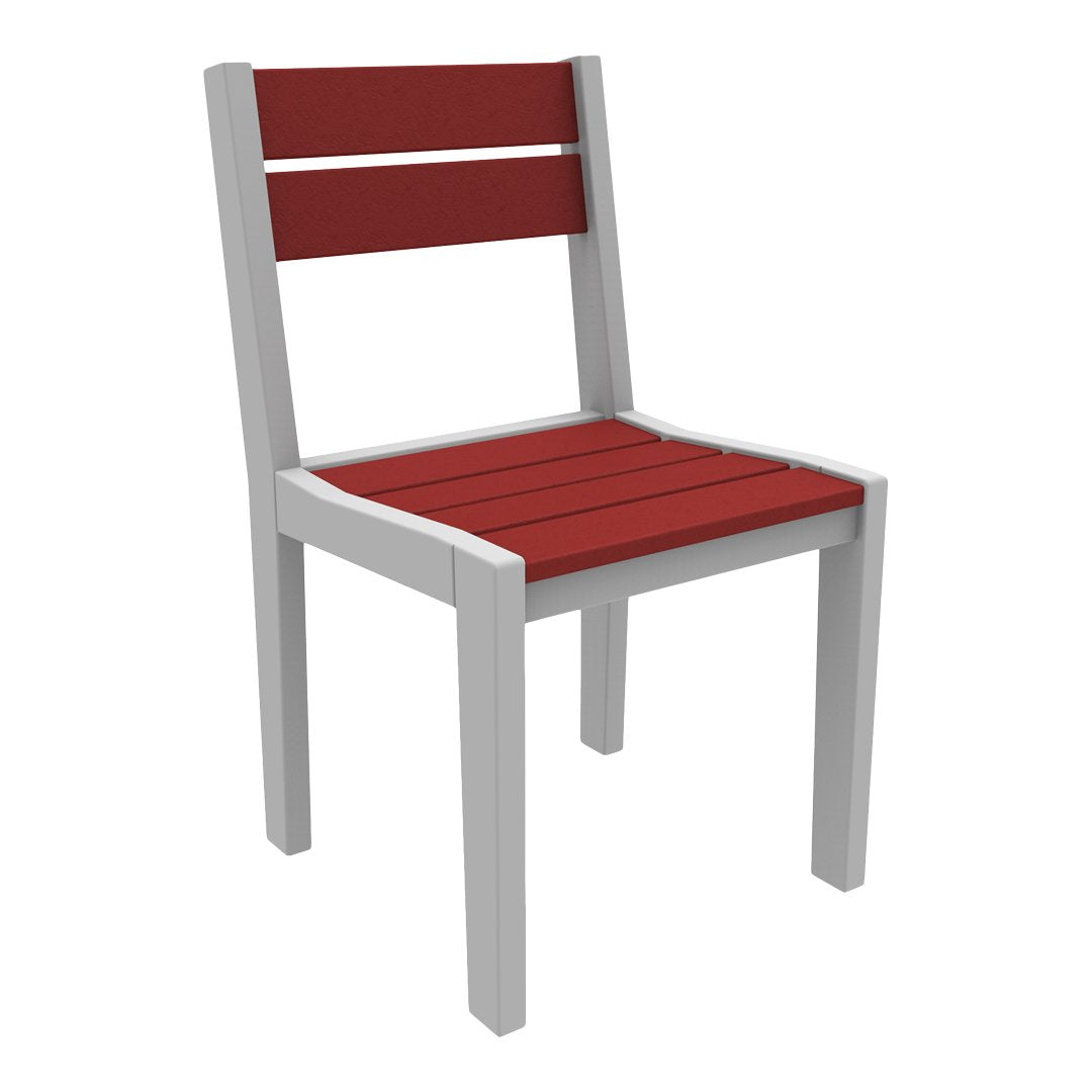Red slatted seat and backrest with a contrasting white frame. Modern design ideal for outdoor settings.