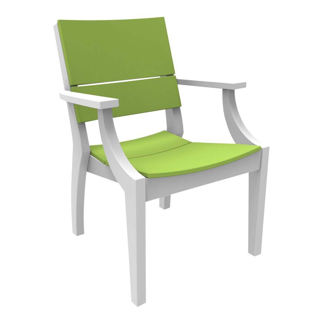 White wooden chair with bright green cushions, featuring a sleek modern design. Perfect for outdoor settings.