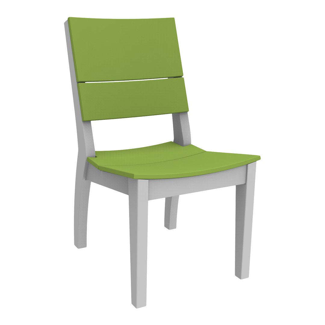Green and gray wooden chair with a modern, minimalist design, featuring a solid green seat and backrest. 