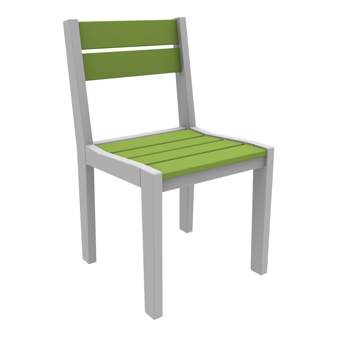 Green slatted chair with a light gray frame, perfect for outdoor or casual indoor settings.