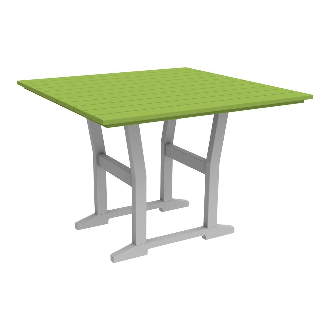 Square table with a bright green slatted top and a sleek gray base, perfect for outdoor settings.